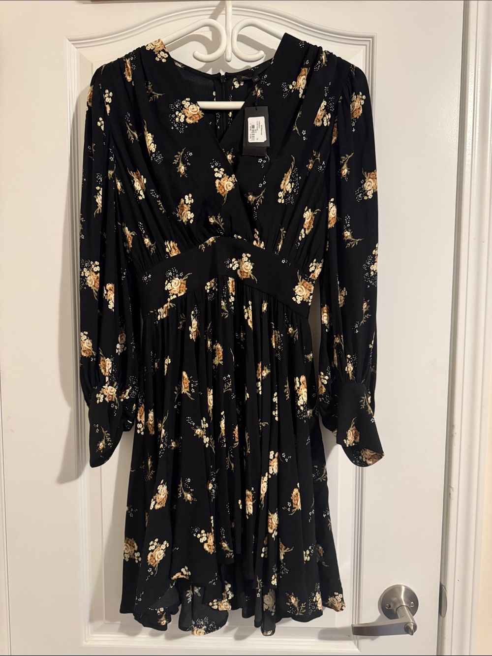 Maje Black Floral Long-Sleeve V-Neck Dress with Mustard Blooms.high low style